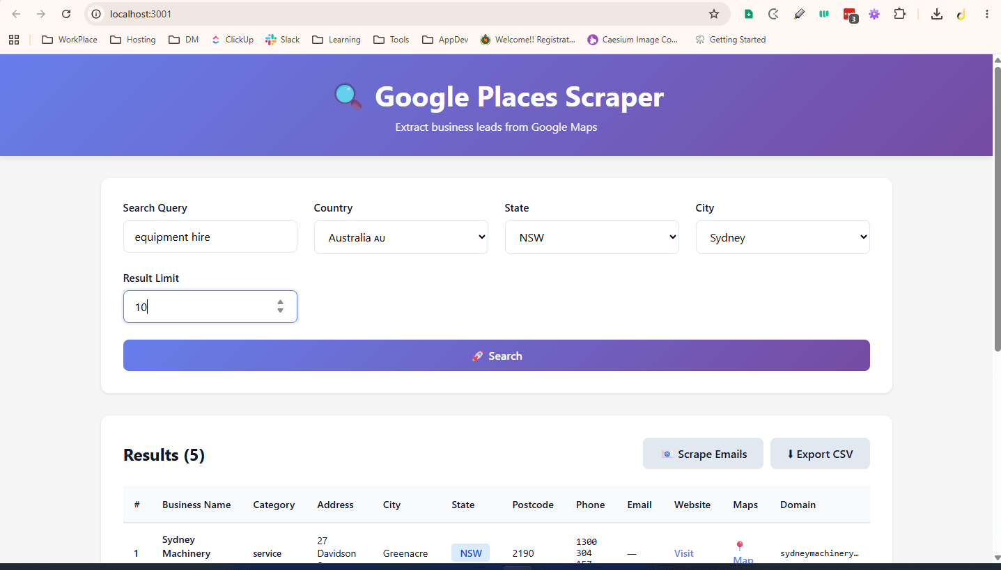 Sample lead list — Google Maps scraping with API enrichment
